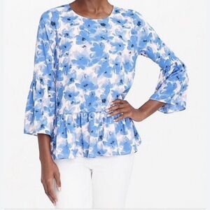 J CREW Women’s Blue Floral Peplum Blouse 3/4 Bell Sleeves Round Neck Size XS